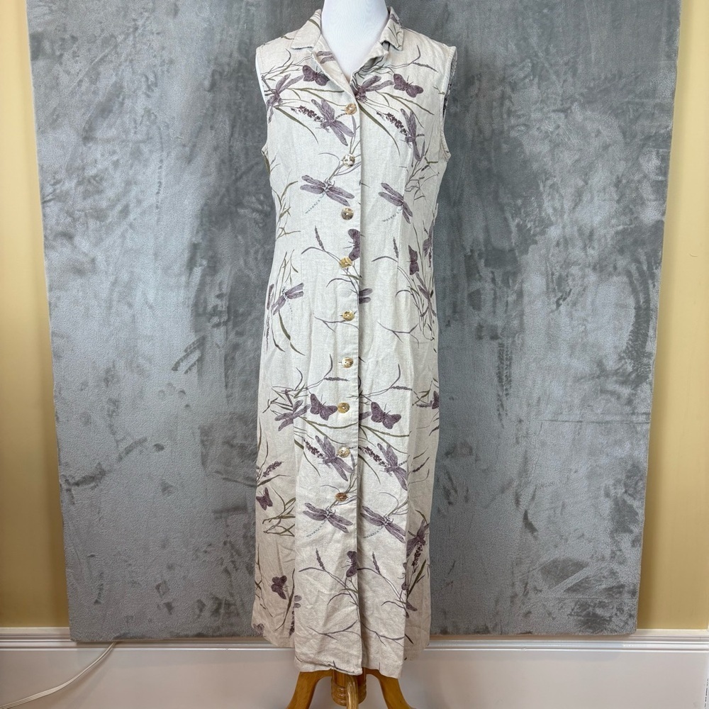K Studio Linen Dragonfly Floral Sleeveless Cream Summer Vacation Dress Wmn’s 10